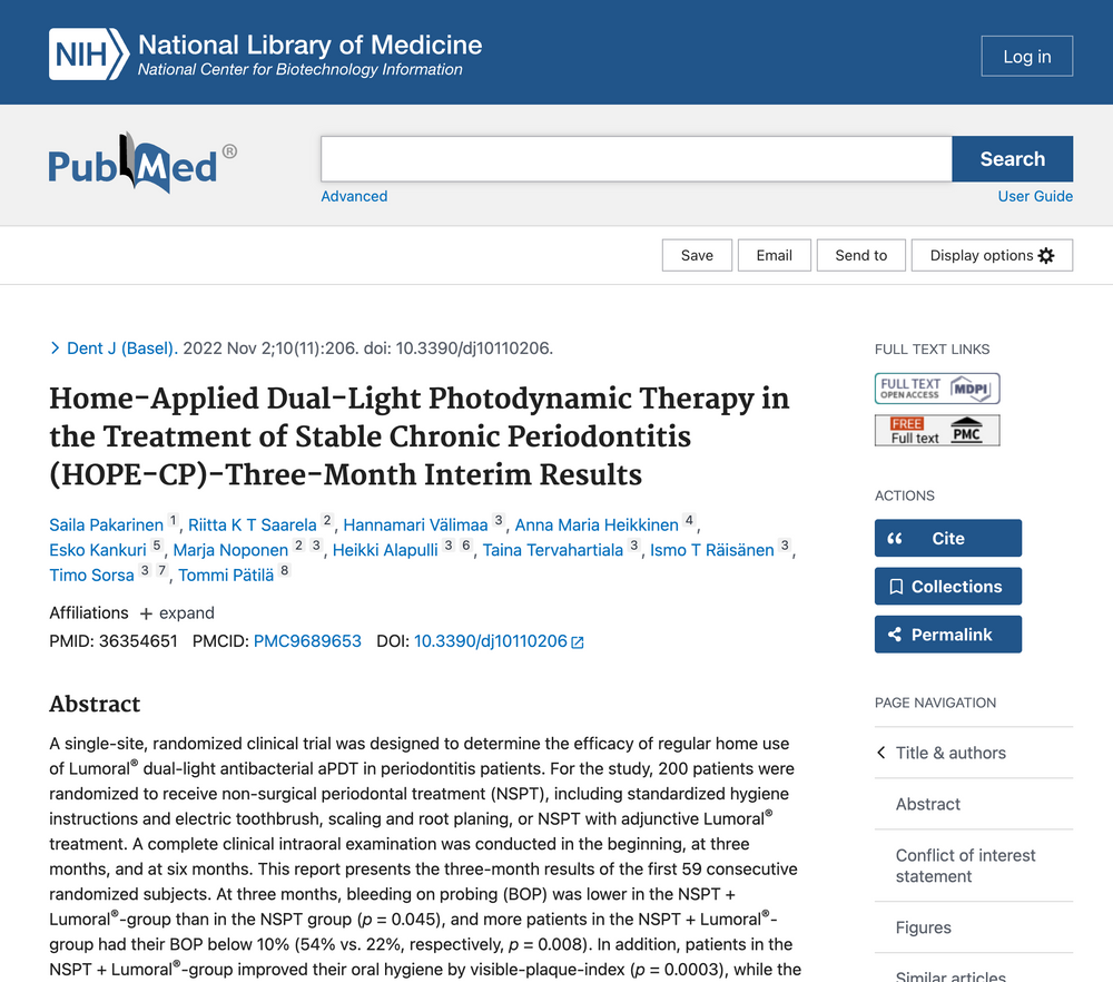 HOPE-CP study listing on PubMed (Pakarinen et al., Dent J Basel 2022)