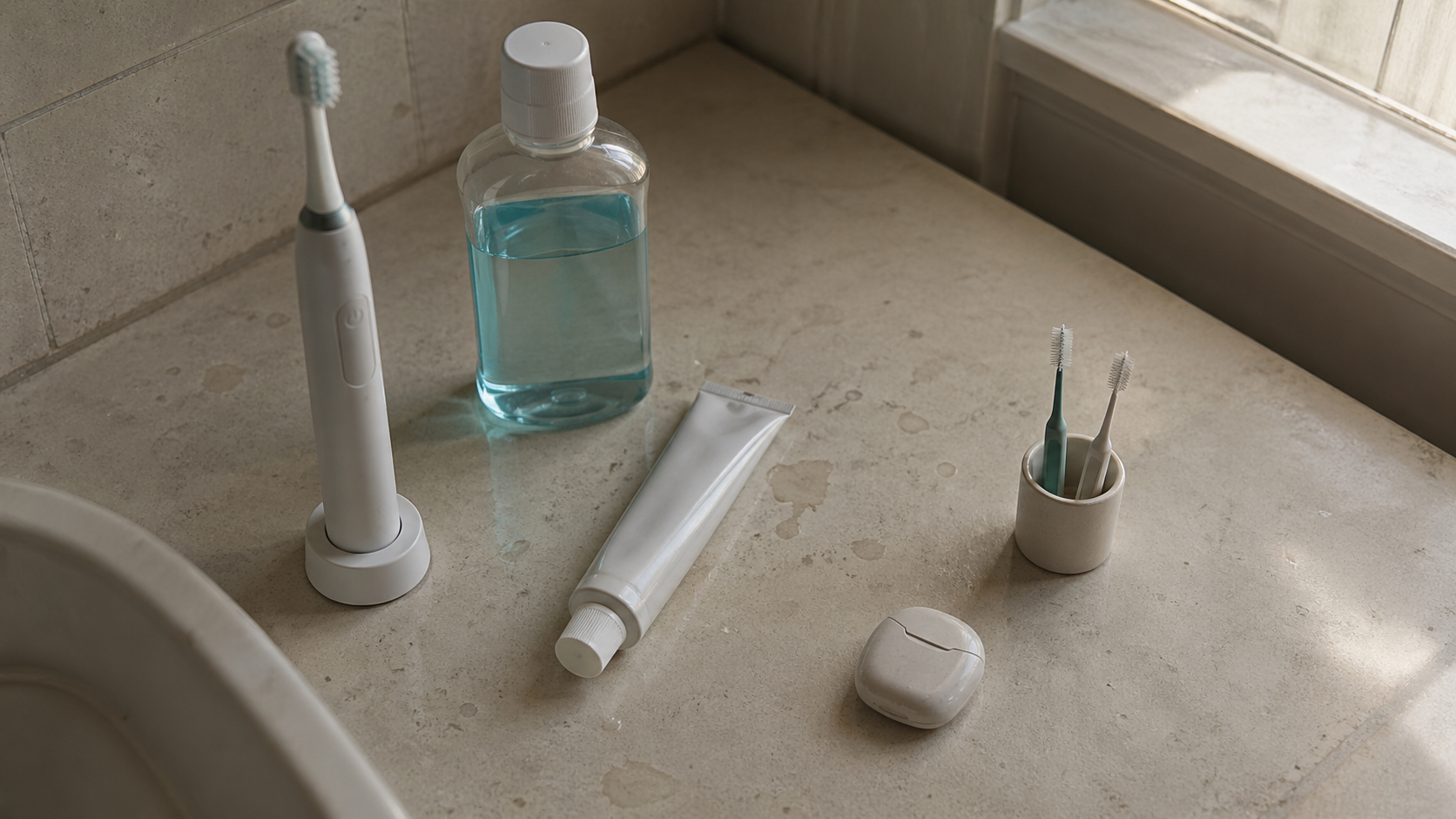 Bathroom counter with daily oral-care tools: sonic toothbrush, mouthwash, floss, toothpaste