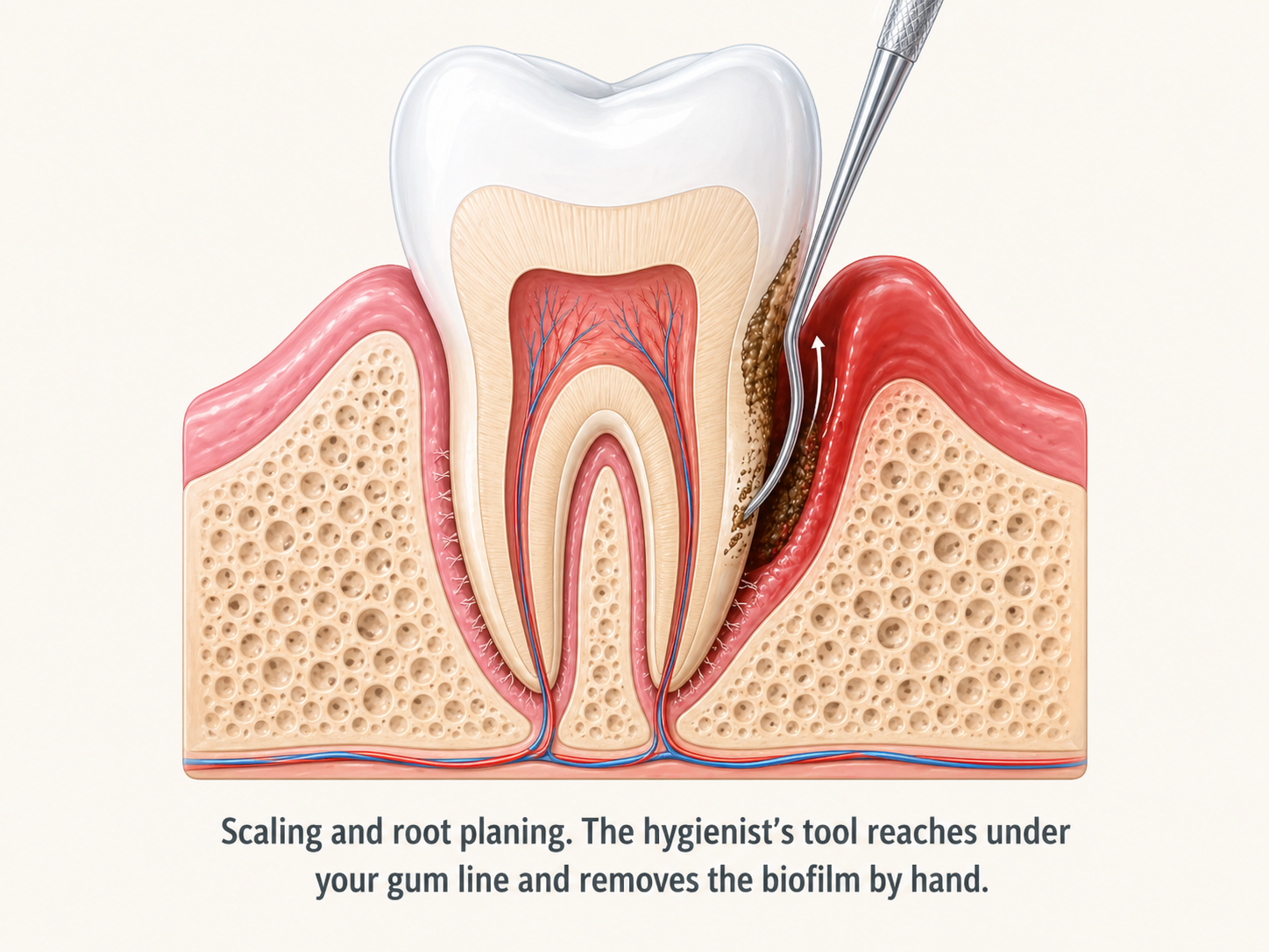 Scaling and root planing: the dental hygienist's instrument reaching beneath the gumline to remove biofilm